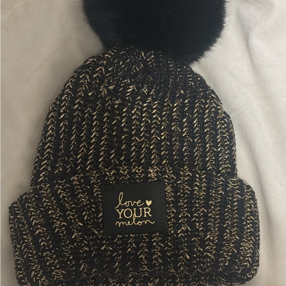 Love Your Melon Black and Gold Pom-Pom Beanie